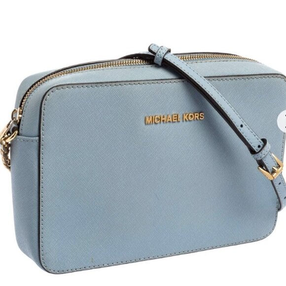 MICHAEL KORS JET SET SAFFIANO LEATHER CROSSBODY POWDER PALE BLUE Gold Hardware - Picture 4 of 16